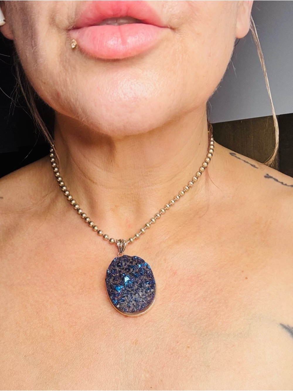 Blue Druzy Pendant Necklace with (Italian AGI silver chain not included)